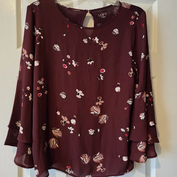 LOFT Burgundy Floral Ruffle-Sleeve Blouse - Picture 1 of 4
